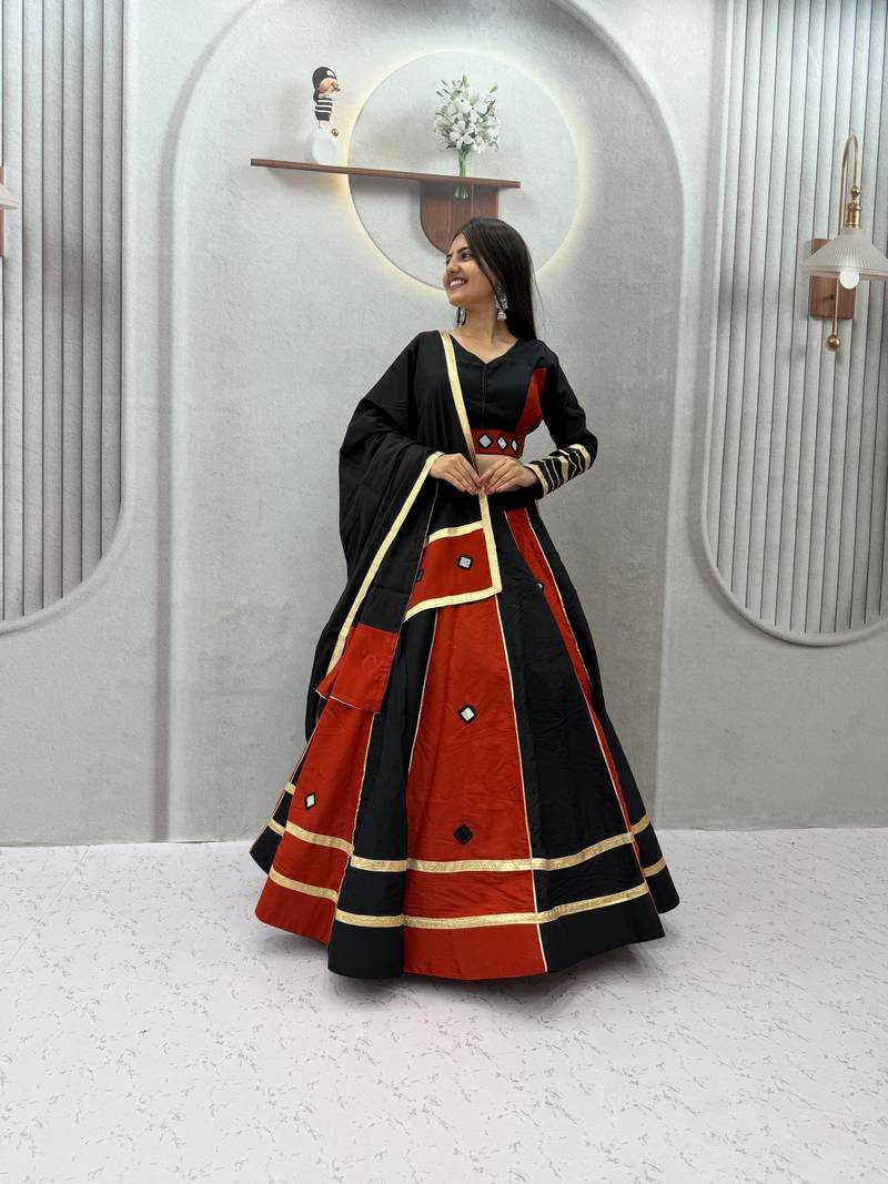 Black Color Real mirror work Silk Blend Navratri Lahenga Choli Set