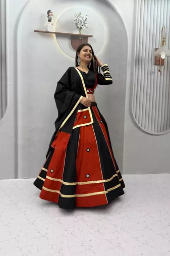 Black Color Real mirror work Silk Blend Navratri Lahenga Choli Set