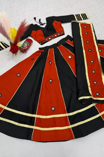 Black Color Real mirror work Silk Blend Navratri Lahenga Choli Set