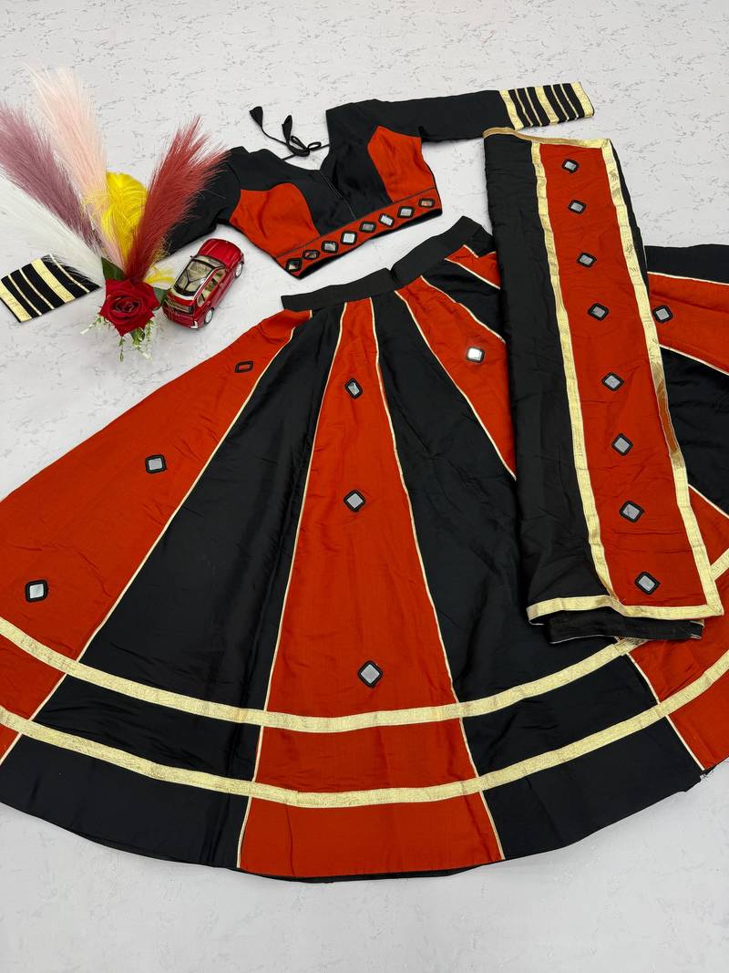 Black Color Real mirror work Silk Blend Navratri Lahenga Choli Set