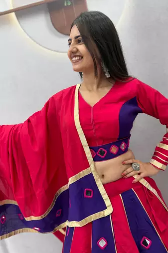 Rani Pink mirror work Silk Blend Navratri Lahenga Choli Set