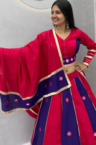 Rani Pink mirror work Silk Blend Navratri Lahenga Choli Set
