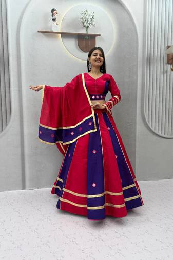 Rani Pink mirror work Silk Blend Navratri Lahenga Choli Set