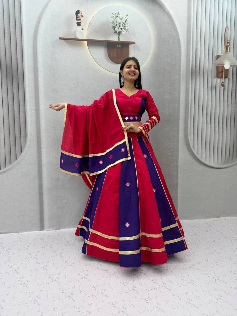 Rani Pink mirror work Silk Blend Navratri Lahenga Choli Set