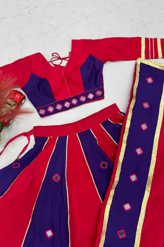 Rani Pink mirror work Silk Blend Navratri Lahenga Choli Set