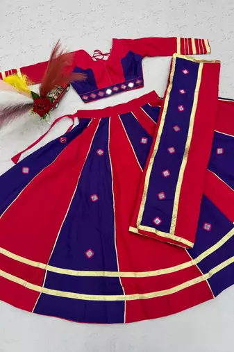 Rani Pink mirror work Silk Blend Navratri Lahenga Choli Set