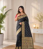 black color ilver zari chaap weaving buttis and a matching border completing silk blend saree