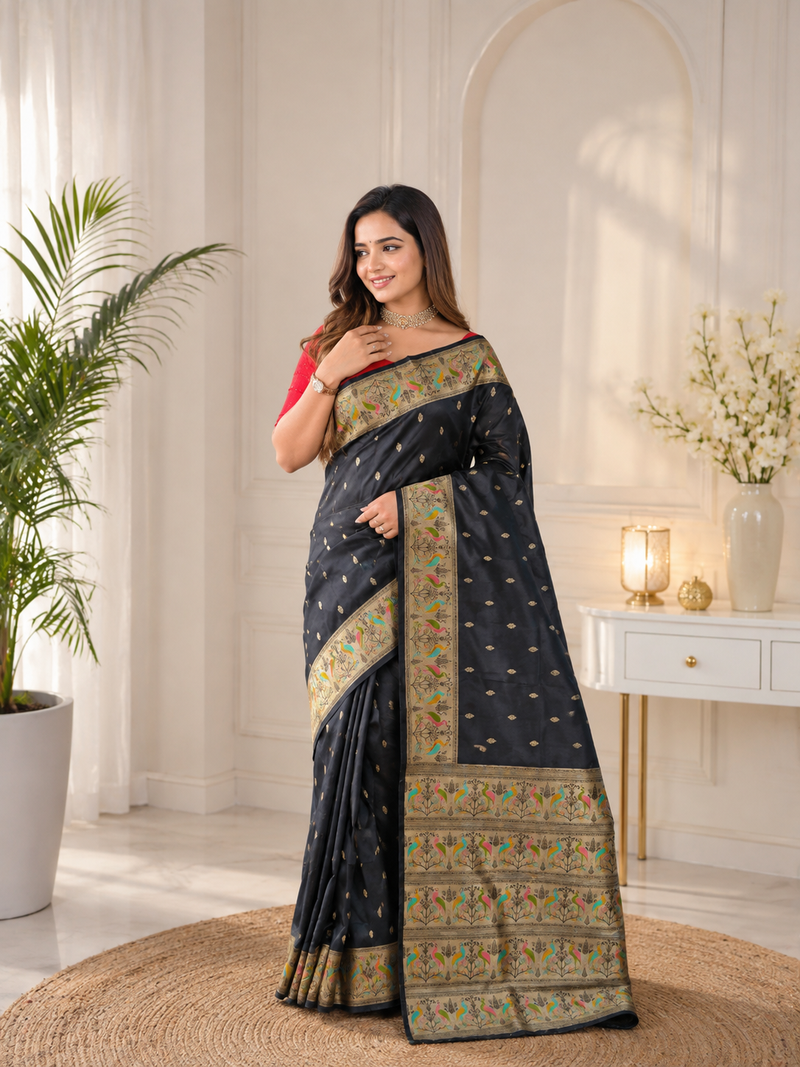 black color ilver zari chaap weaving buttis and a matching border completing silk blend saree