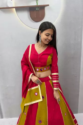 Red mirror work Silk Blend Navratri Lahenga Choli Set