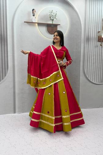 Red mirror work Silk Blend Navratri Lahenga Choli Set