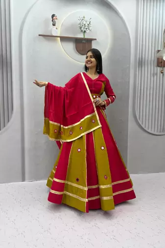 Red mirror work Silk Blend Navratri Lahenga Choli Set