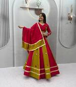 Red mirror work Silk Blend Navratri Lahenga Choli Set