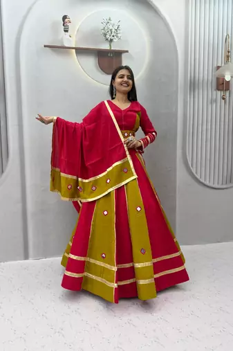 Red mirror work Silk Blend Navratri Lahenga Choli Set