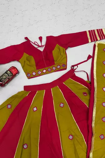 Red mirror work Silk Blend Navratri Lahenga Choli Set