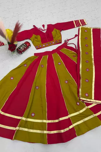 Red mirror work Silk Blend Navratri Lahenga Choli Set