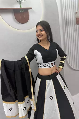 White mirror work Silk Blend Navratri Lahenga Choli Set