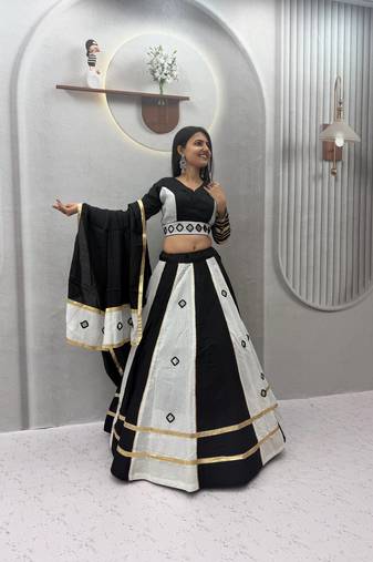 White mirror work Silk Blend Navratri Lahenga Choli Set