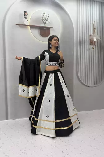 White mirror work Silk Blend Navratri Lahenga Choli Set