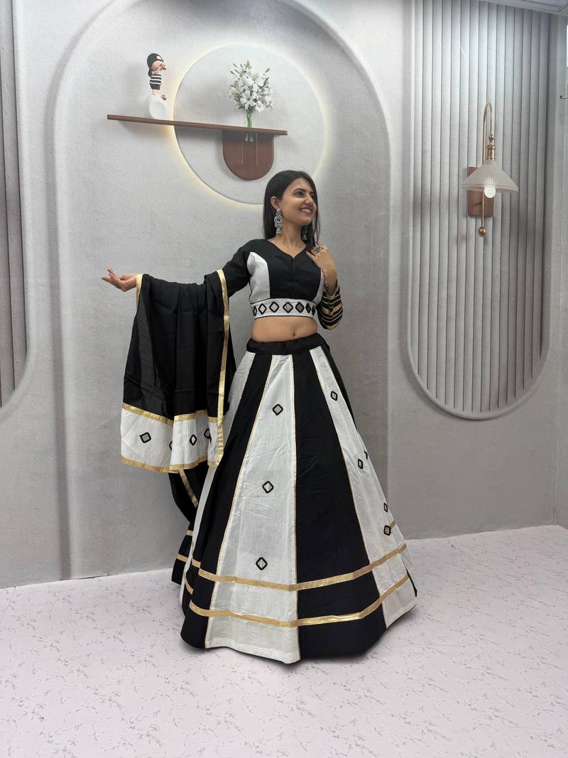 White mirror work Silk Blend Navratri Lahenga Choli Set