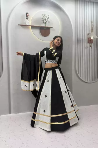 White mirror work Silk Blend Navratri Lahenga Choli Set