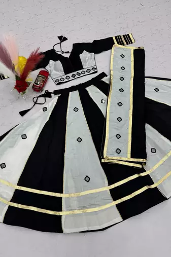 White mirror work Silk Blend Navratri Lahenga Choli Set