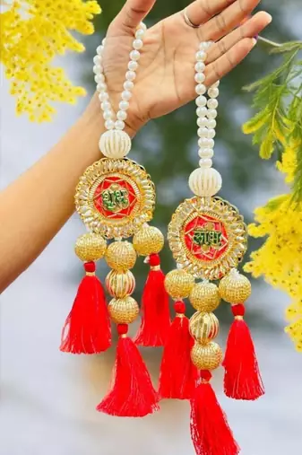 decorative pearl lotus shubh labh door hanging for home entrance mandir decoration (pack of 2) 