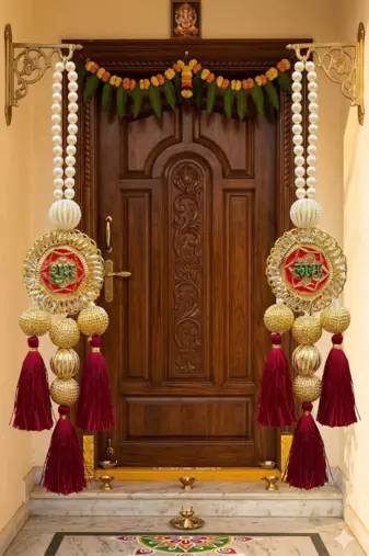 decorative pearl lotus shubh labh door hanging for home entrance mandir decoration (pack of 2) 