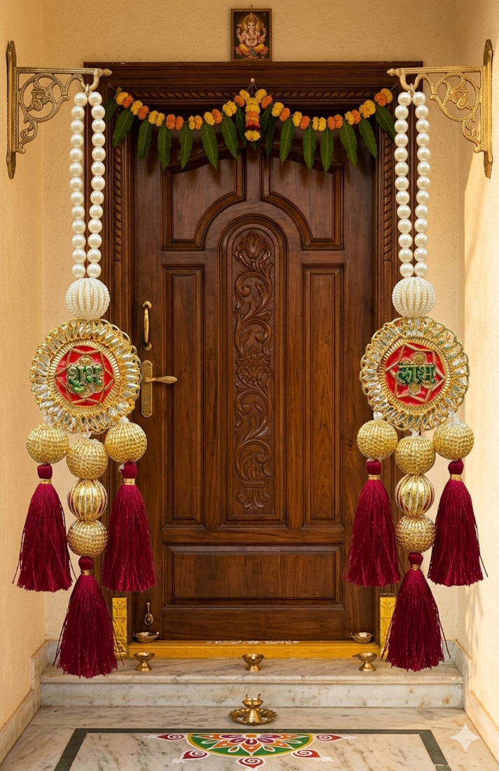 decorative pearl lotus shubh labh door hanging for home entrance mandir decoration (pack of 2) 