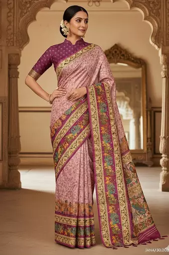 Multicolor digital print zarna silk blend saree with blouse