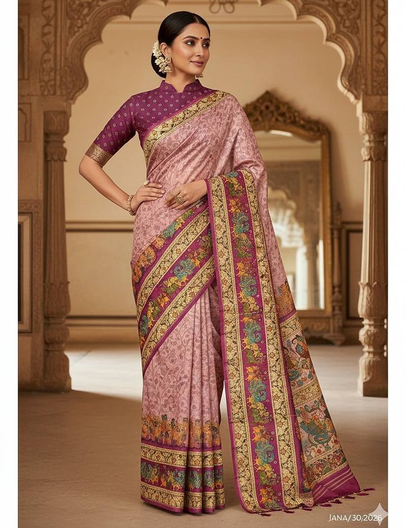 Multicolor digital print zarna silk blend saree with blouse