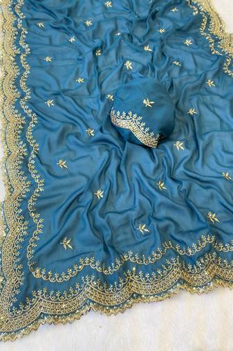 Firozi multicolor sequece embroidery work star georgette saree with blouse