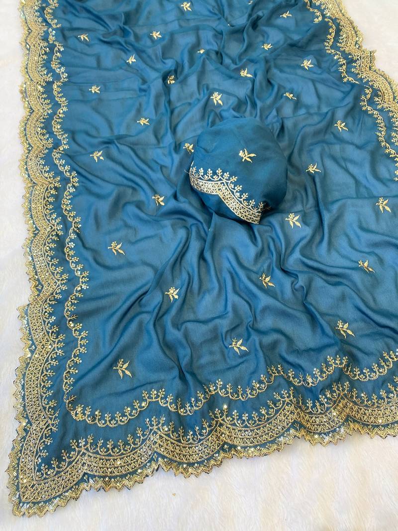 Firozi multicolor sequece embroidery work star georgette saree with blouse