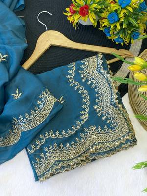 Firozi multicolor sequece embroidery work star georgette saree with blouse 2