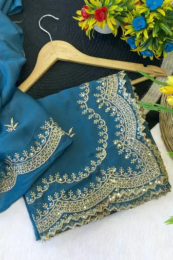 Firozi multicolor sequece embroidery work star georgette saree with blouse