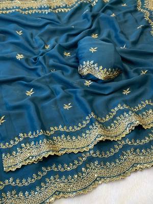 Firozi multicolor sequece embroidery work star georgette saree with blouse 3