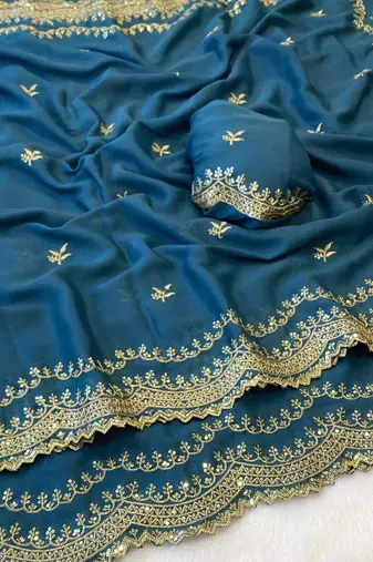 Firozi multicolor sequece embroidery work star georgette saree with blouse