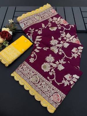 Wine hand dying & embroidery lace dola silk blend saree with blouse 1