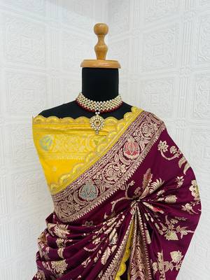 Wine hand dying & embroidery lace dola silk blend saree with blouse 2