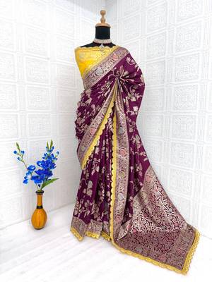 Wine hand dying & embroidery lace dola silk blend saree with blouse 3