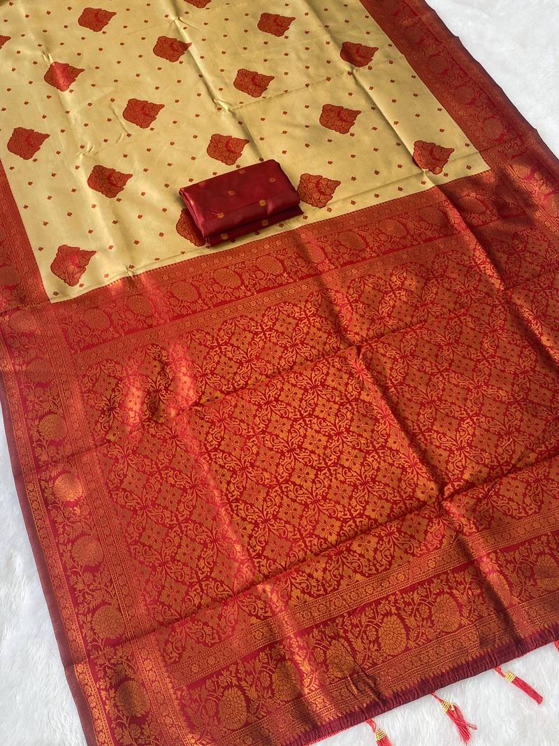 Chikoo top dyed weaving banarasi silk blend saree with blouse