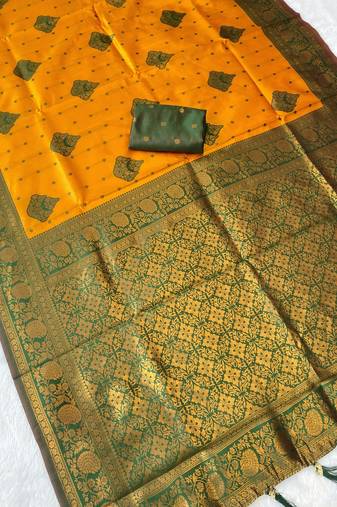 Yellow top dyed weaving banarasi silk blend saree with blouse