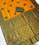 Yellow top dyed weaving banarasi silk blend saree with blouse