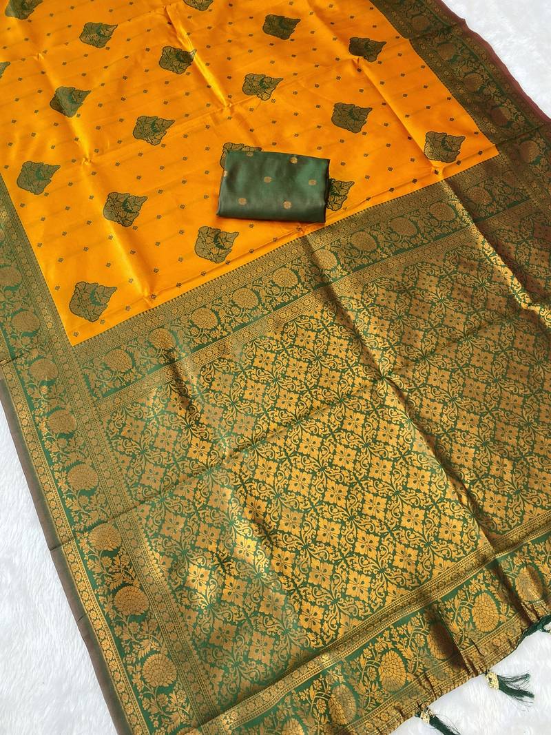 Yellow top dyed weaving banarasi silk blend saree with blouse