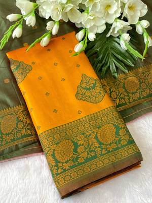 Yellow top dyed weaving banarasi silk blend saree with blouse 2