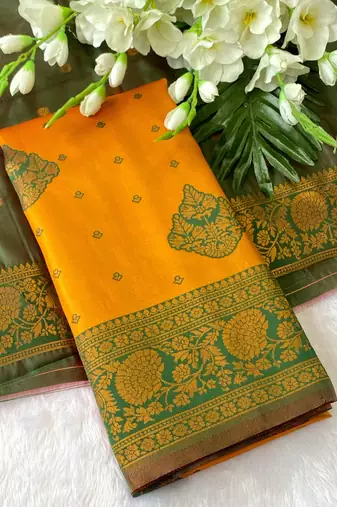 Yellow top dyed weaving banarasi silk blend saree with blouse