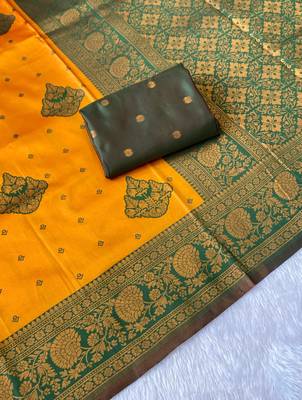 Yellow top dyed weaving banarasi silk blend saree with blouse 3