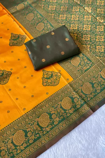 Yellow top dyed weaving banarasi silk blend saree with blouse