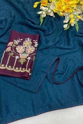 Petrol blue multicolor sequece embroidery work star georgette saree with blouse