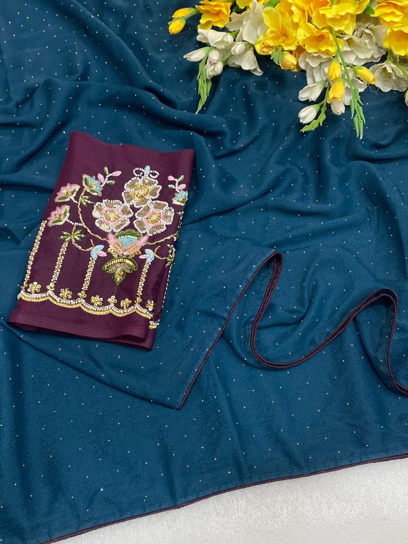Petrol blue multicolor sequece embroidery work star georgette saree with blouse