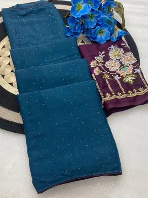 Petrol blue multicolor sequece embroidery work star georgette saree with blouse 2